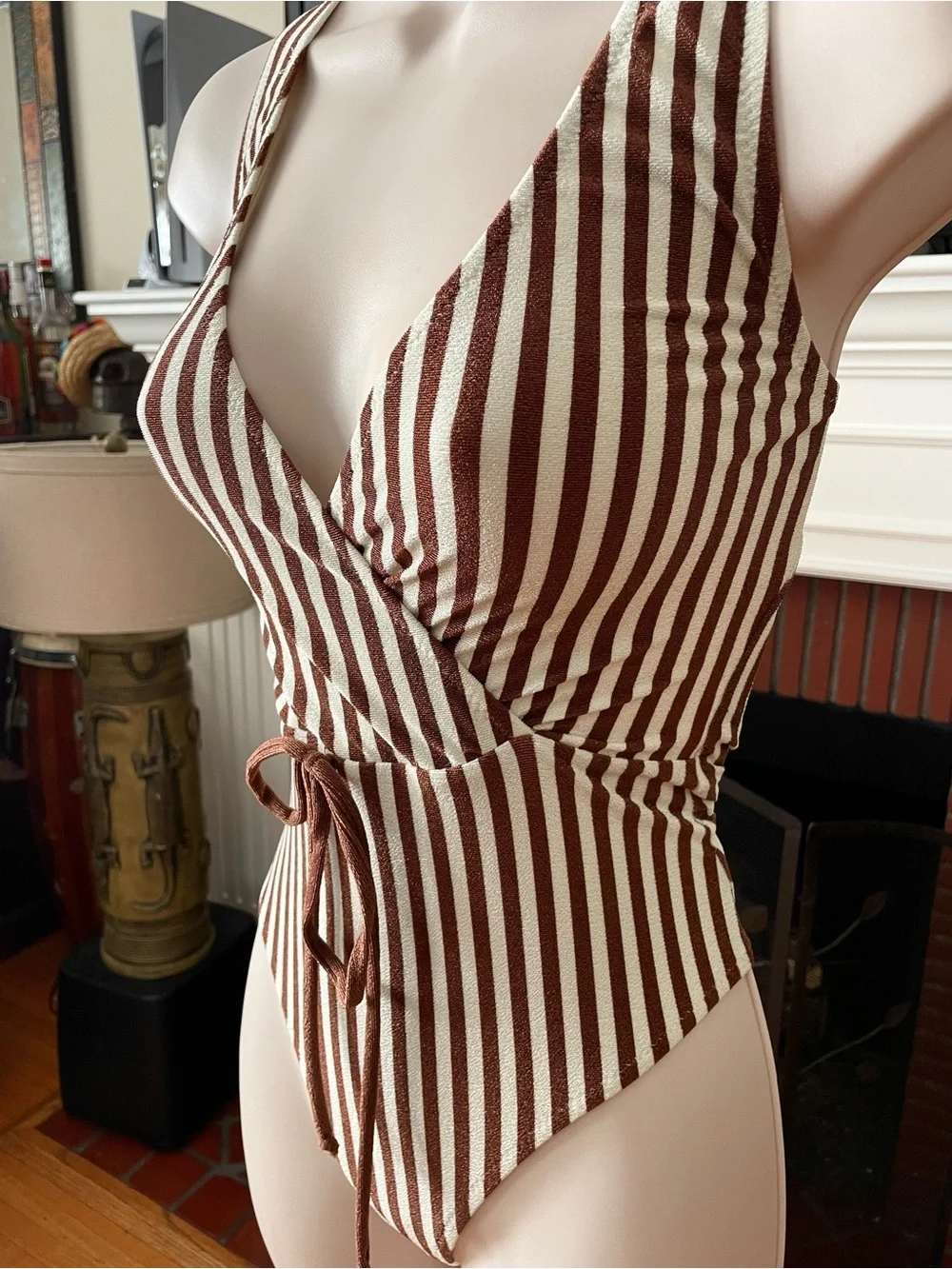Bec + Bridge Cream & Brown Striped Vintage Inspired Swimsuit Bodysuit 6